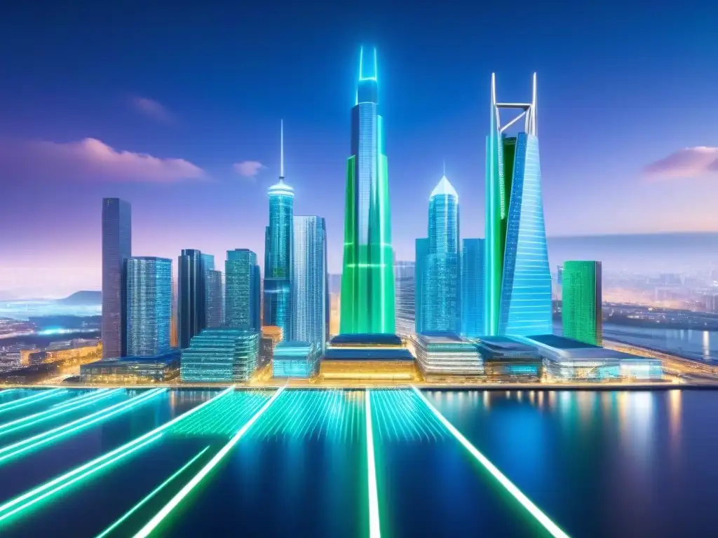 Metrópolis Cripto: Futurista ciudad de criptomonedas Un paisaje urbano futurista con edificios representando criptomonedas, conectados por líneas brillantes y monedas digitales flotando en el cielo