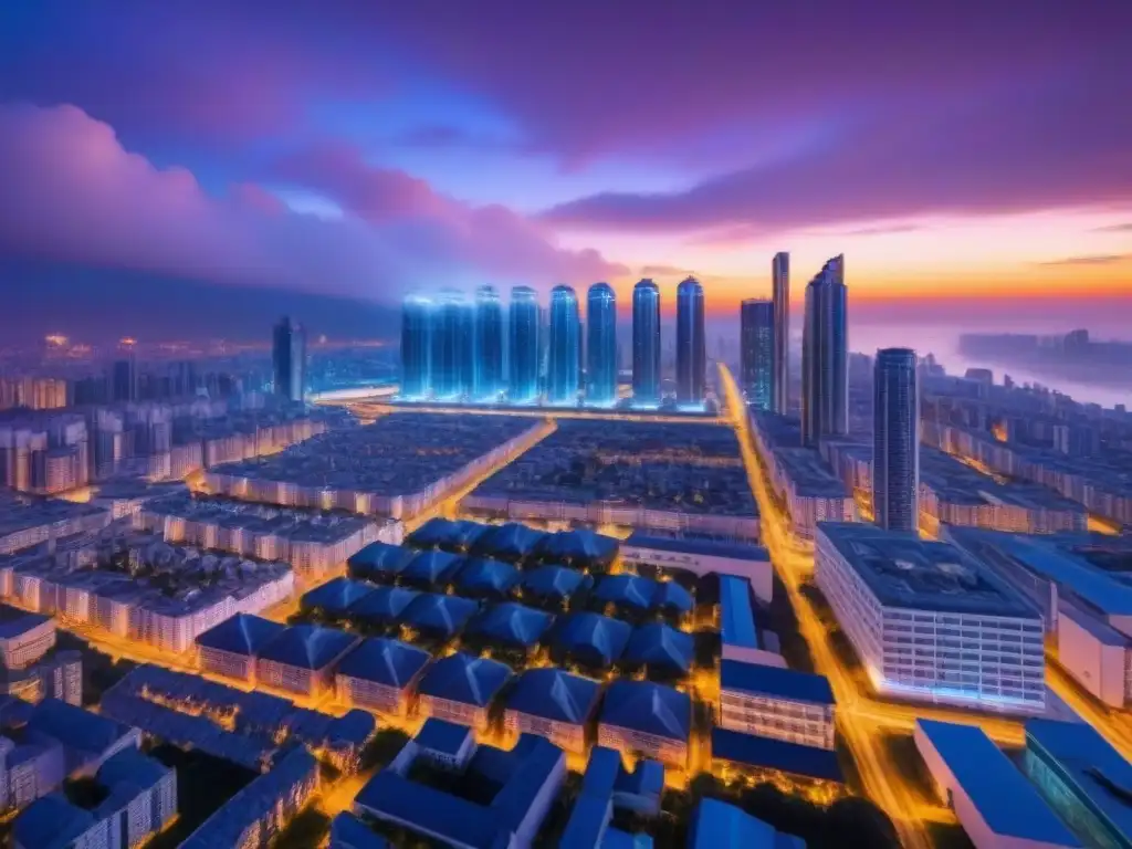 Metrópolis futurista: edificios inteligentes en la noche Un paisaje urbano futurista al anochecer con edificios de alta tecnología iluminados por luces de neón, mostrando la automatización en gestión inmobiliaria internacional