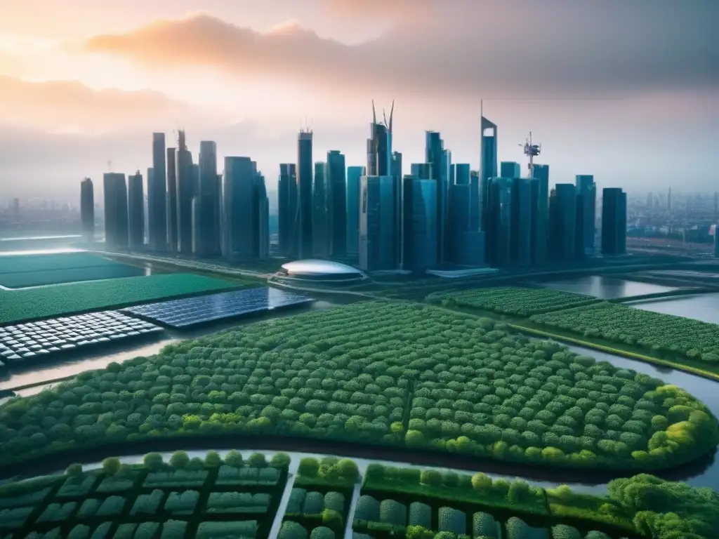 Metrópolis futurista eco-sostenible: armonía entre naturaleza y tecnología Un paisaje urbano futurista con edificios verdes innovadores que muestran la inversión inmobiliaria en impacto del cambio climático