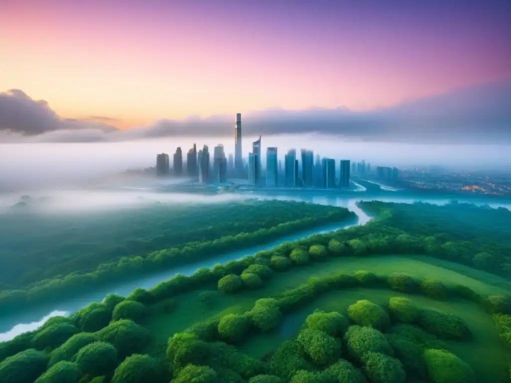 Metrópolis futurista: diseño urbano sostenible y moderno Un paisaje urbano futurista con edificios sostenibles e interconectados por espacios verdes, promoviendo políticas de vivienda en mercados inmobiliarios sostenibles