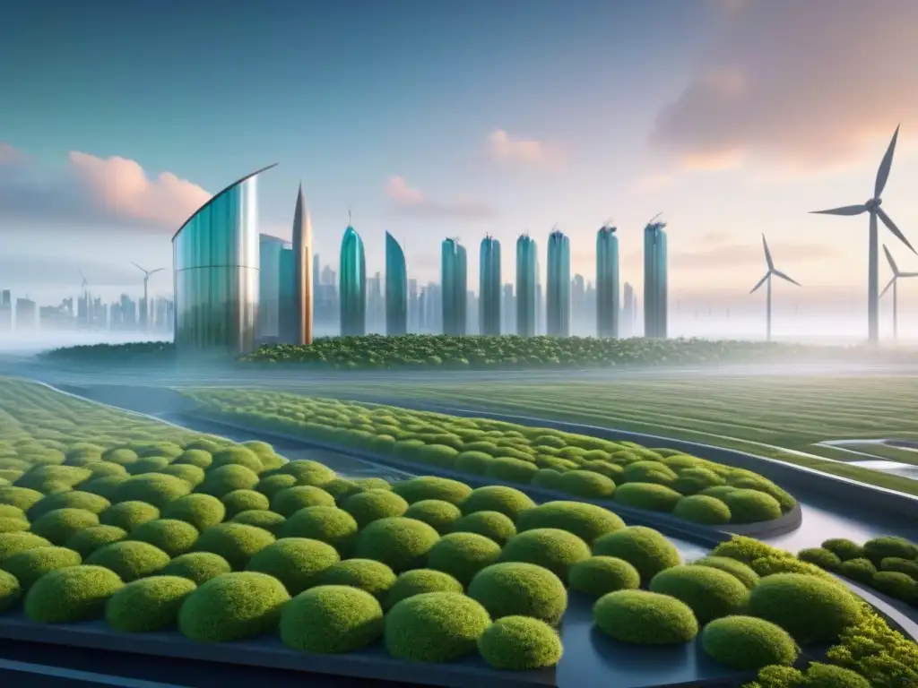 Metrópolis futurista: arquitectura sostenible y vanguardista Un paisaje urbano futurista con edificios de carbono negativo y diseño innovador, simbolizando la inversión internacional sostenible
