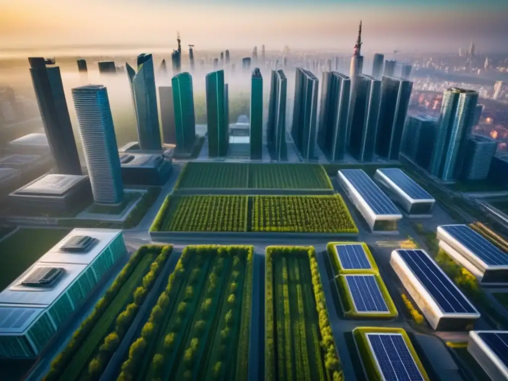 Metrópolis sostenible: edificios verdes y futuristas al atardecer Un paisaje urbano futurista con edificios verdes, tecnología ecoamigable y rentabilidad en inversión