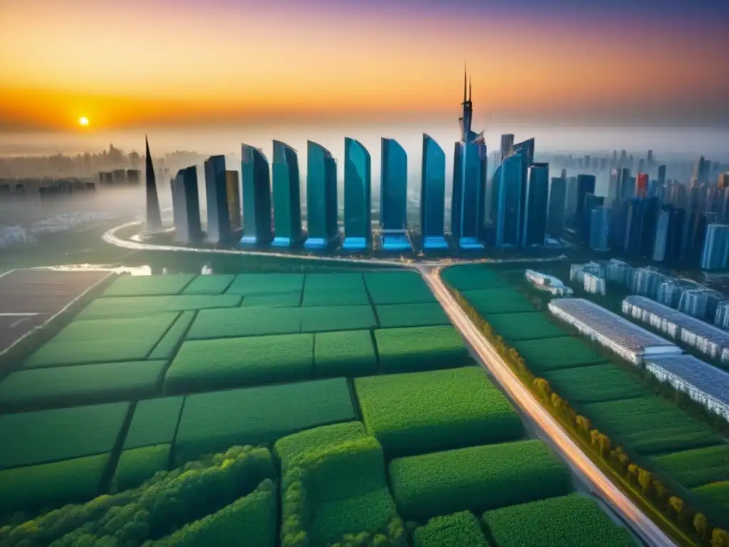 Metrópolis eco-sostenible: ciudad futurista en armonía con la naturaleza Un paisaje urbano futurista con edificios verdes sostenibles y fuentes de energía renovable, combinando naturaleza y arquitectura moderna