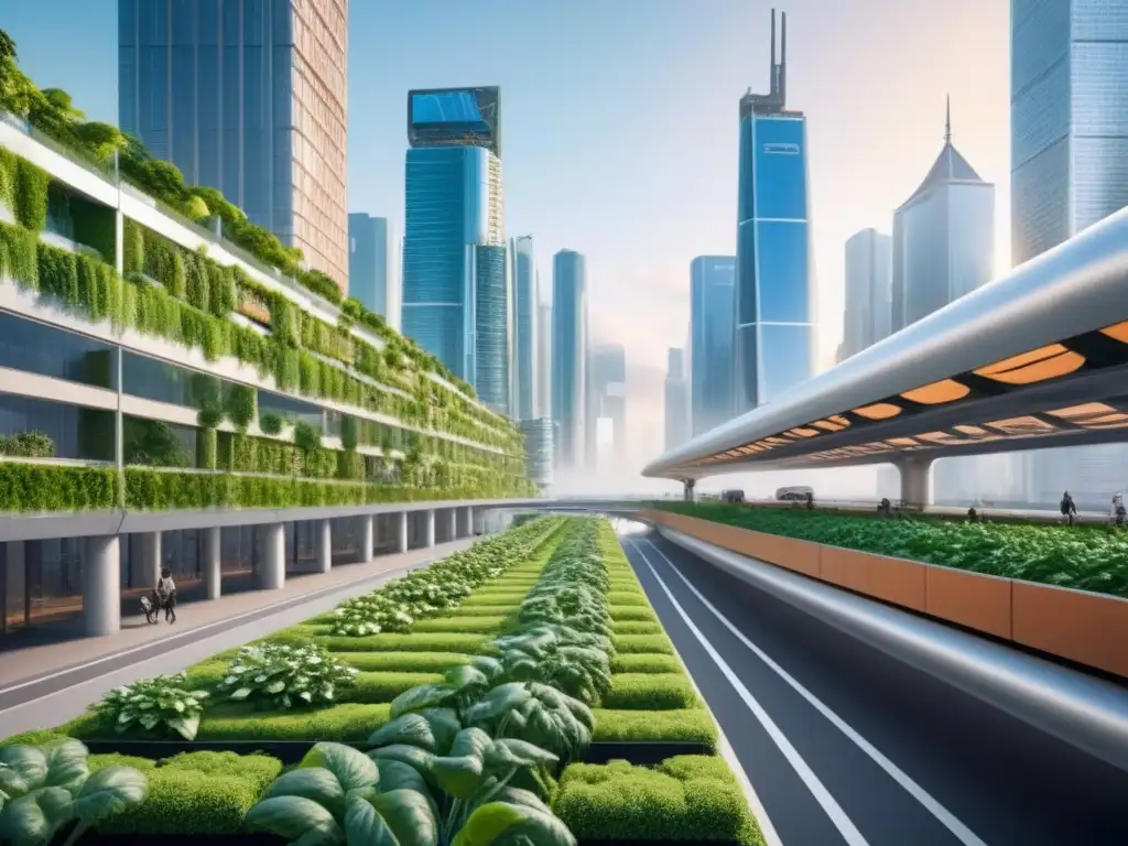 Metrópolis Ecofuturista: Arquitectura Sostenible en Ciudad Verde Un paisaje urbano futurista con edificios verdes, integrando jardines verticales y paneles solares