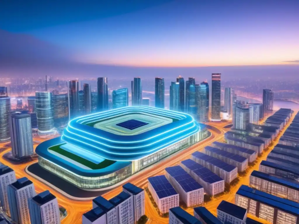 Edificios inteligentes interconectados: tecnología PropTech de vanguardia Un paisaje urbano futurista con edificios inteligentes interconectados, mostrando sistemas PropTech avanzados y eficiencias internacionales