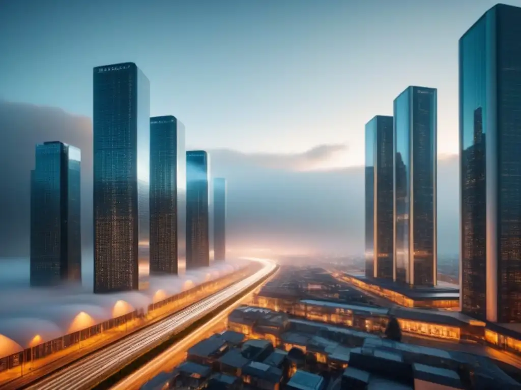Blockchain en la ciudad del futuro: transacciones inmobiliarias digitales Un paisaje urbano futurista con edificios transparentes que muestran la integración de la tecnología blockchain en transacciones inmobiliarias, con registros digitales flotando entre edificios y contratos inteligentes ejecutándose en el aire