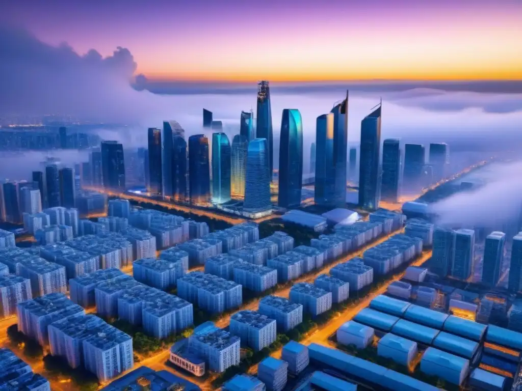 Metrópolis futurista con IoT: innovación y sostenibilidad Un paisaje urbano futurista con edificios inteligentes conectados, reflejando el impacto del IoT en bienes raíces a nivel internacional