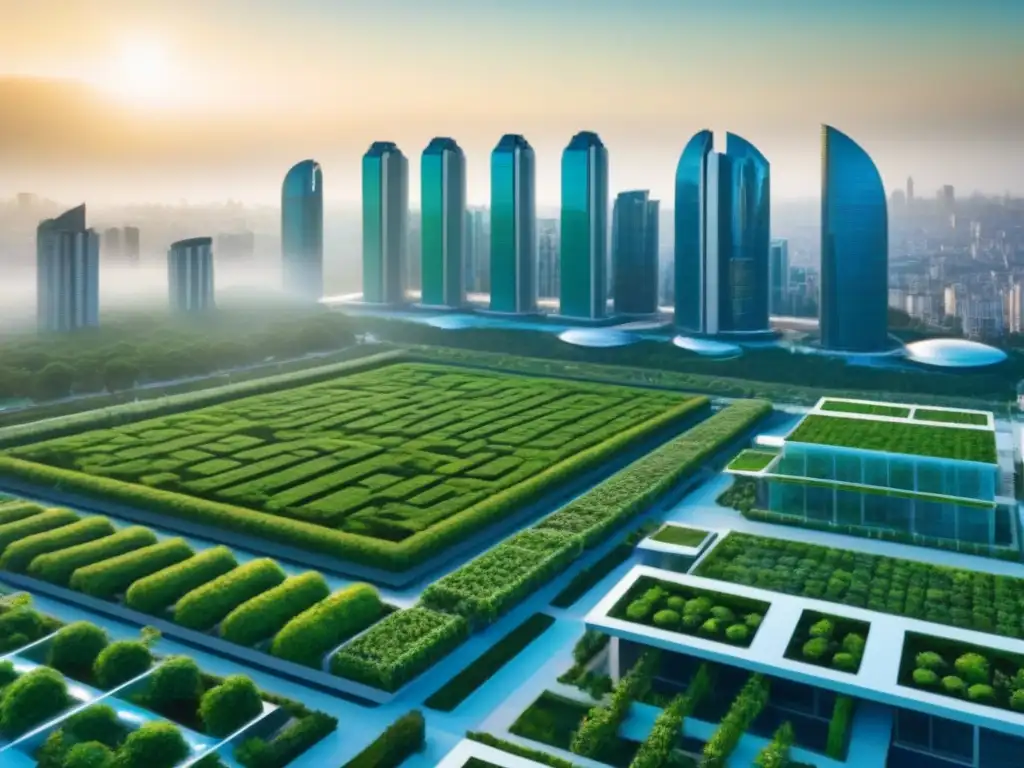 Metrópolis sostenible: edificios verdes y naturaleza en armonía Un paisaje urbano futurista con edificios verdes y eficientes energéticamente, jardines verticales y autos eléctricos