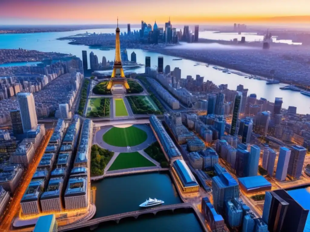 Metrópolis Global: Iconos Mundiales Fusionados en una Ciudad Futurista Un paisaje urbano futurista con emblemáticos monumentos internacionales fusionados en una metrópolis conectada