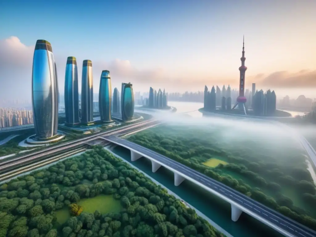 Metrópolis futurista en la Ruta de la Seda: arquitectura vanguardista y naturaleza Un paisaje urbano futurista de la Franja y la Ruta, con rascacielos, transporte avanzado y naturaleza integrada