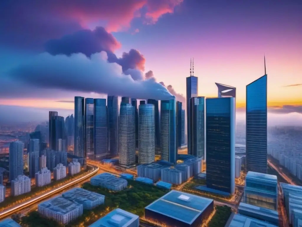 Metrópolis futurista al atardecer: real estate global Un paisaje urbano futurista al anochecer con fusiones inmobiliarias para inversionistas globales