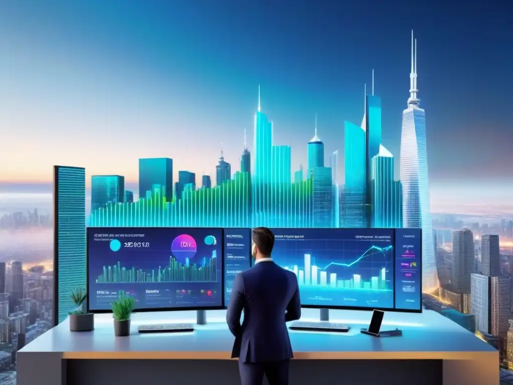 Metropolis FinTech: Fusión innovadora en bienes raíces Un paisaje urbano futurista con gráficos financieros, profesionales y la integración de FinTech en mercado inmobiliario