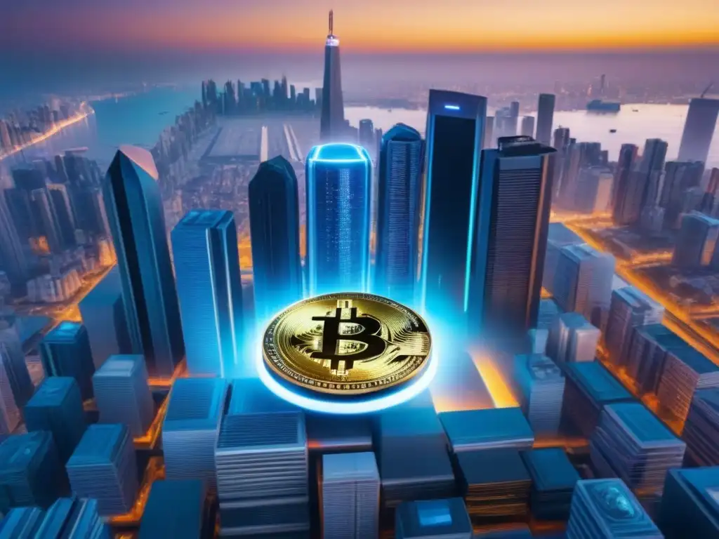 Horizonte futurista: criptomonedas en la ciudad Un paisaje urbano futurista con hologramas de criptomonedas sobre rascacielos al atardecer
