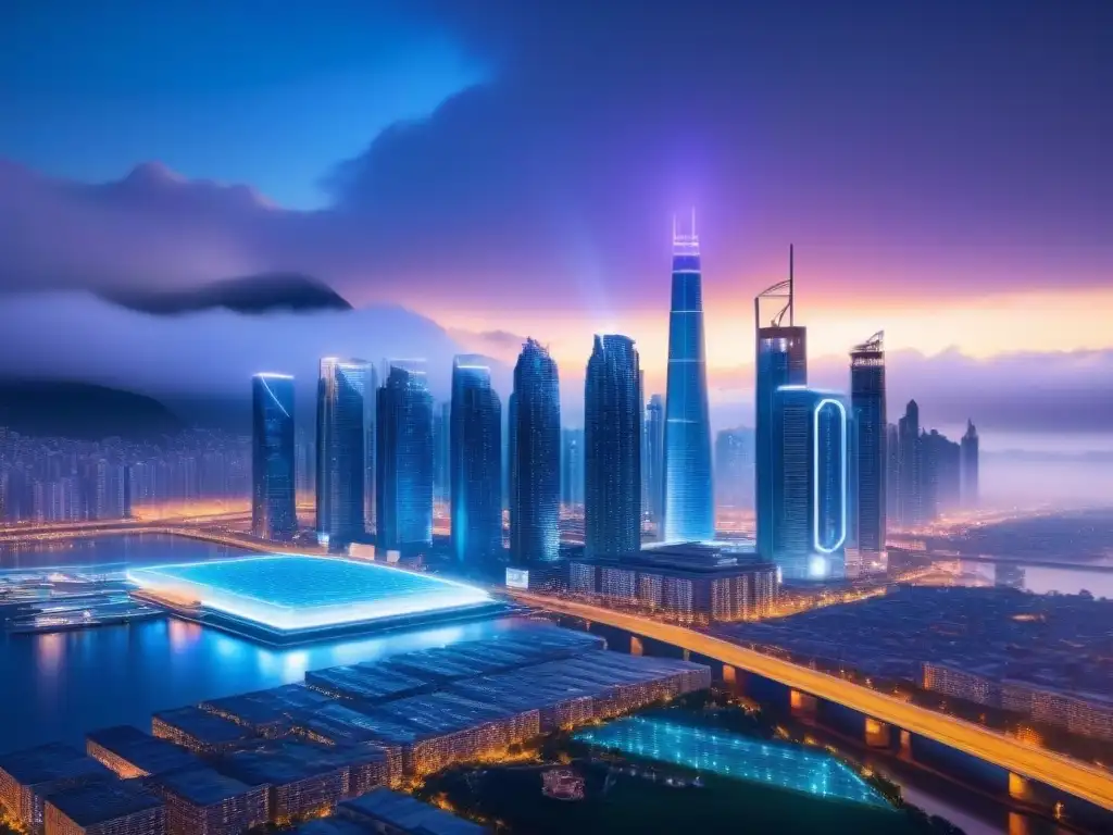 Horizonte futurista con hologramas blockchain en 8k Un paisaje urbano futurista con hologramas y luces de neón, fusionando arquitectura clásica con tecnología blockchain