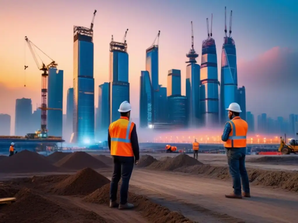 Skyline futurista: construcción avanzada en la ciudad global Un paisaje urbano futurista al anochecer, con un horizonte elegante de rascacielos iluminados por luces vibrantes y multicolores