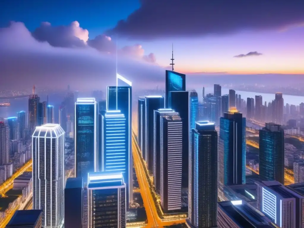 Metrópolis futurista: integración blockchain en inmuebles Un paisaje urbano futurista iluminado por luces de neón con rascacielos integrando tecnología blockchain en su diseño, mostrando una fusión perfecta entre bienes raíces e innovación digital de vanguardia