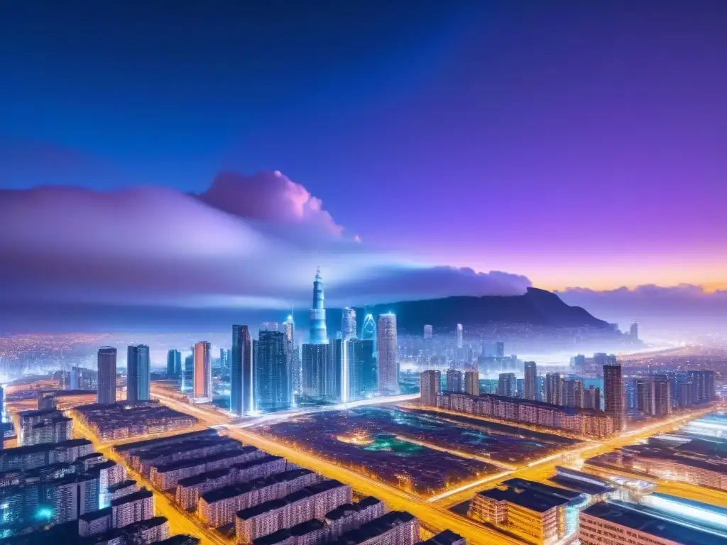 Metrópolis futurista: luces neón y criptomonedas en la ciudad Un paisaje urbano futurista iluminado por luces de neón con símbolos de criptomonedas, reflejando innovación