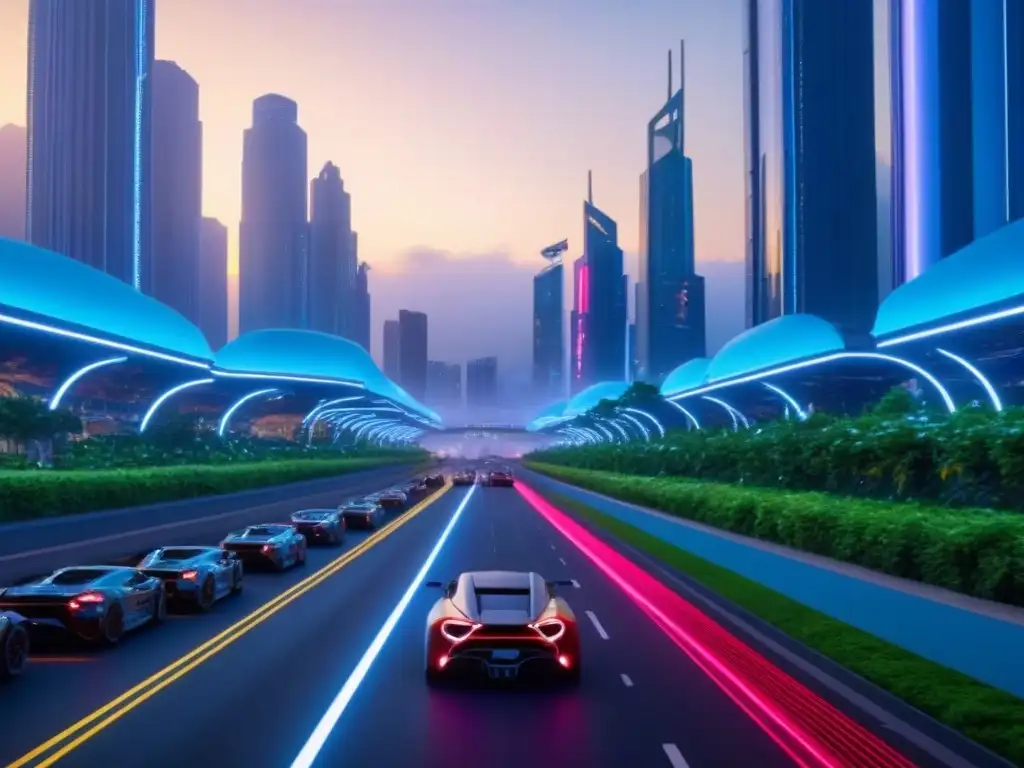 Horizonte futurista en 8k: ciudad innovadora y vibrante Un paisaje urbano futurista iluminado por luces neón, con rascacielos y vegetación exuberante, muestra cómo los mercados fronterizos están redefiniendo el juego inmobiliario