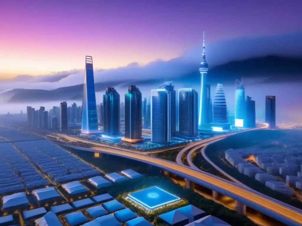 Un paisaje urbano futurista iluminado por luces de neón, con edificios avanzados impulsados por IA y autos autónomos