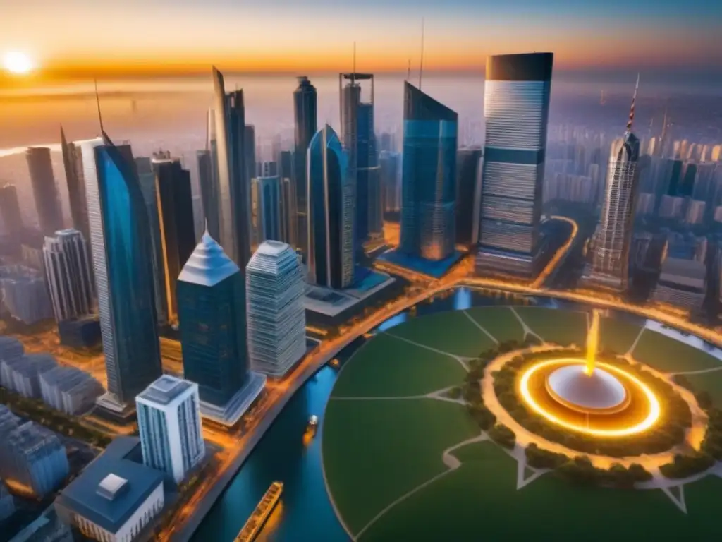 Oportunidades en el mercado inmobiliario: análisis estratégico en ciudad futurista al atardecer Un paisaje urbano futurista con impacto políticas vivienda inversión inmobiliaria al atardecer