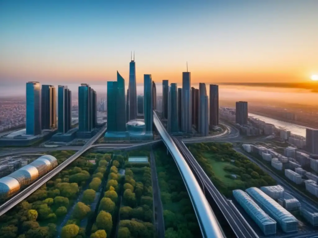 Metrópolis futurista: innovación urbana en armonía Un paisaje urbano futurista con imponentes rascacielos de vidrio y áreas verdes, destacando mega proyectos desarrollos inmobiliarios en Norteamérica