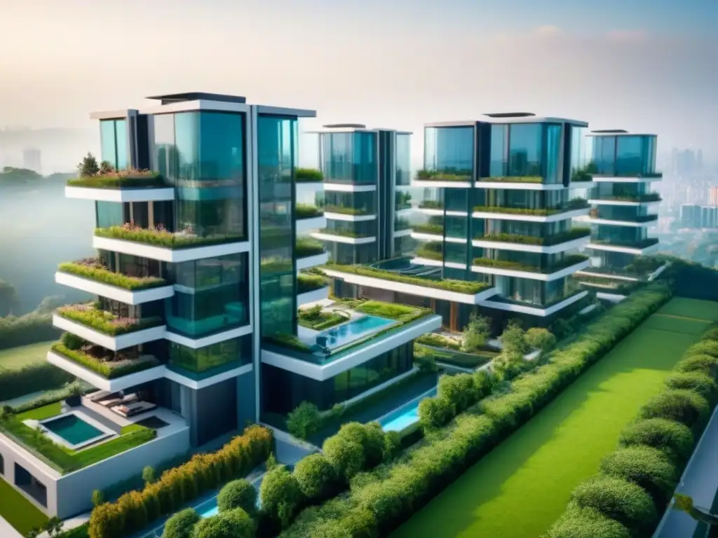 Complejo residencial de lujo futurista con diseño innovador y tecnología de vanguardia Un paisaje urbano futurista con innovaciones arquitectónicas en mercado inmobiliario