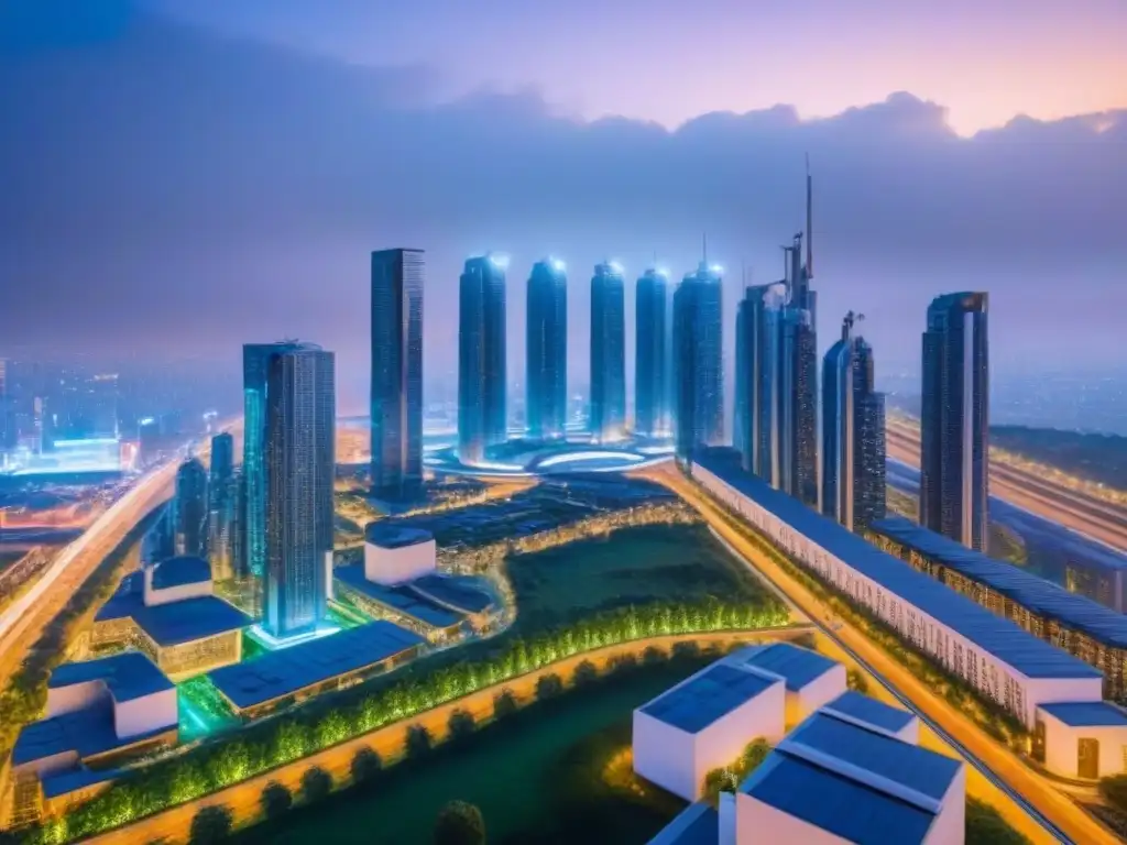 Metrópolis futurista: arquitectura innovadora y sostenibilidad Un paisaje urbano futurista con innovadores rascacielos y sistemas de transporte avanzados, iluminado por luces de neón