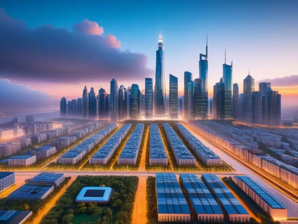 Metrópolis Futurista: Integración PropTech en Skyscrapers Un paisaje urbano futurista con integración avanzada de PropTech, para inversionistas globales plataformas PropTech