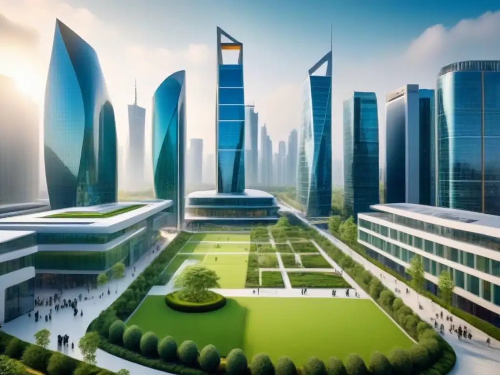 Metrópolis del Futuro: Intersección entre Educación y Urbanismo Un paisaje urbano futurista con integración de zonas universitarias y mercado inmobiliario