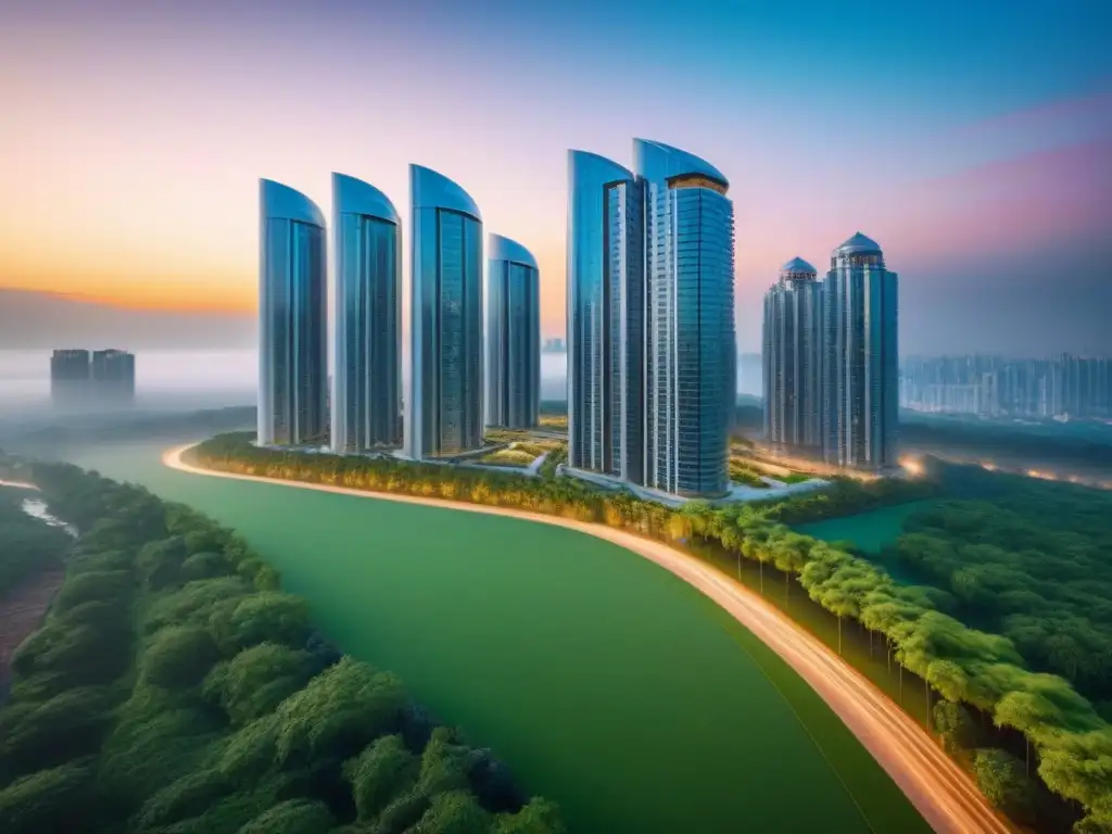 Desarrollo inmobiliario futurista: lujo y sostenibilidad Un paisaje urbano futurista integrado, ideal para inversionistas globales en desarrollos inmobiliarios integrados