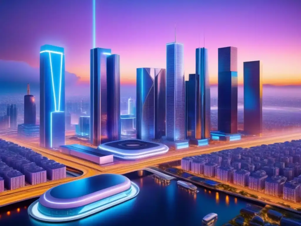 Innovación inmobiliaria: Ciudad futurista 8k con tecnología de vanguardia Un paisaje urbano futurista lleno de rascacielos de alta tecnología, drones, realidad virtual y algoritmos de IA