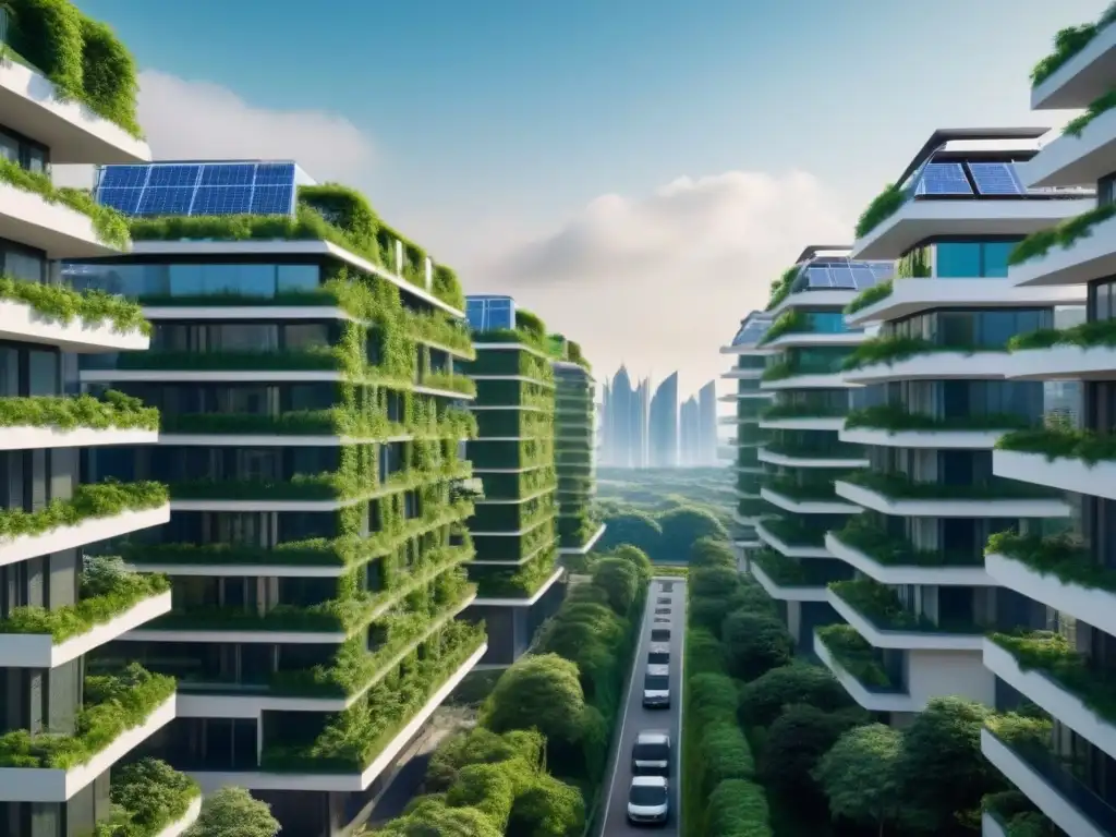 Metrópolis eco-sostenible del futuro: arquitectura verde innovadora Un paisaje urbano futurista lleno de rascacielos ecológicos con vegetación