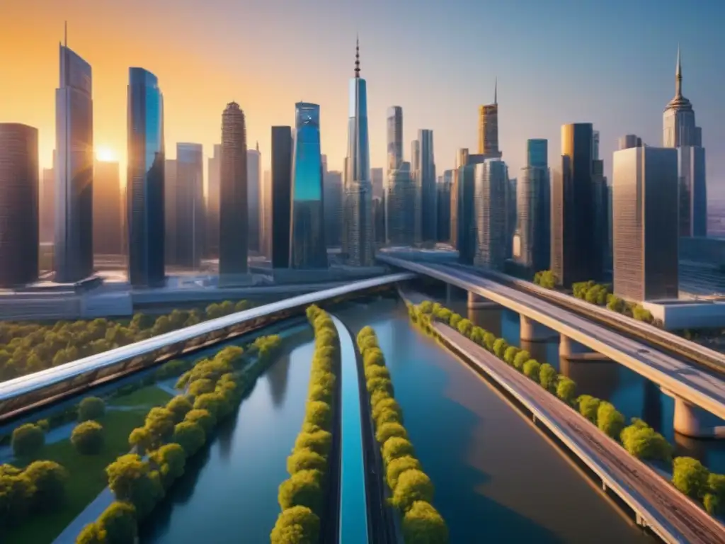 Horizonte urbano futurista en América del Norte: cielo, ríos y trenes Un paisaje urbano futurista en Norteamérica con mega proyectos desarrollos inmobiliarios