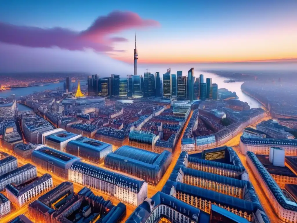 Metrópolis futurista postBrexit: evolución y oportunidad Un paisaje urbano futurista postBrexit, fusionando modernidad y tradición en el mercado inmobiliario