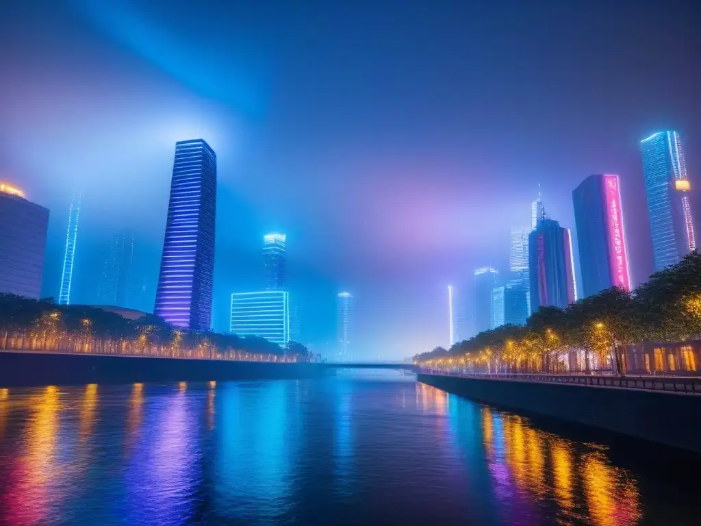 Metrópolis futurista: luces neón en río sereno Un paisaje urbano futurista de noche, con rascacielos iluminados por luces neón vibrantes, reflejándose en un río tranquilo