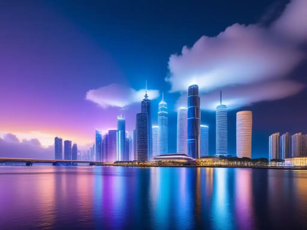 Metrópolis futurista: luces neón, vehículos autónomos y drones en el cielo Un paisaje urbano futurista de noche con rascacielos modernos y luces de neón vibrantes, reflejándose en el agua