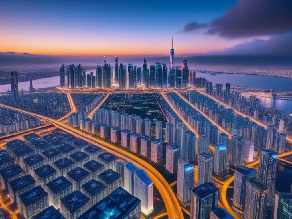 Espectacular ciudad futurista en 8k: luces, rascacielos y drones Un paisaje urbano futurista de noche con rascacielos iluminados, calles brillantes y drones, mostrando innovación y sofisticación