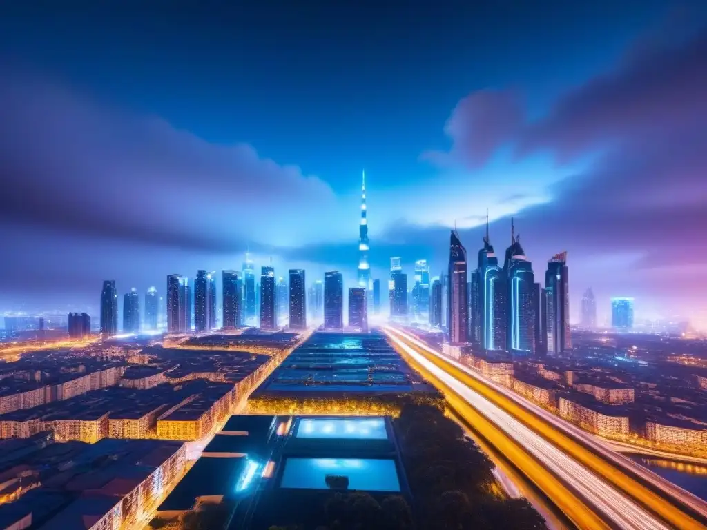 Metrópolis futurista protegida por sistemas de seguridad 5G Un paisaje urbano futurista de noche, iluminado por avanzados sistemas de seguridad integrados con tecnología 5G