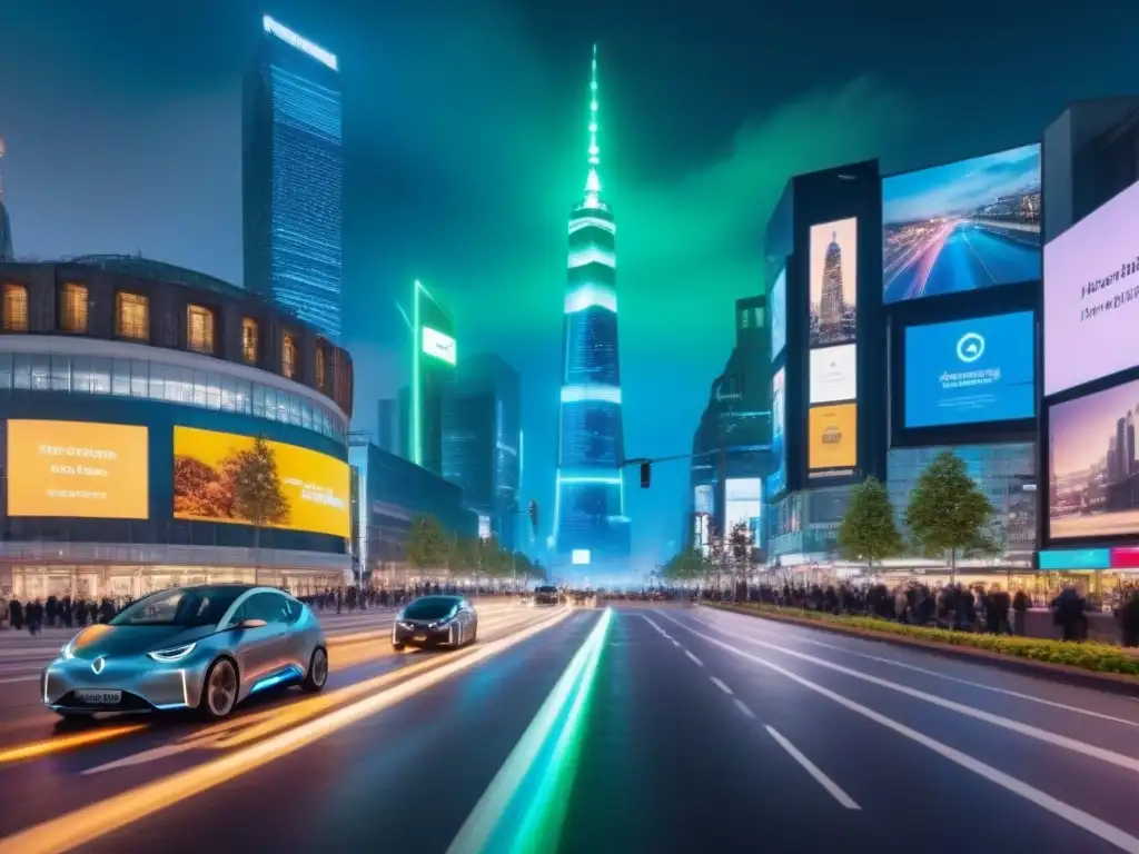 Metrópolis futurista: inversión inmobiliaria sostenible Un paisaje urbano futurista de noche con rascacielos iluminados y autos eléctricos