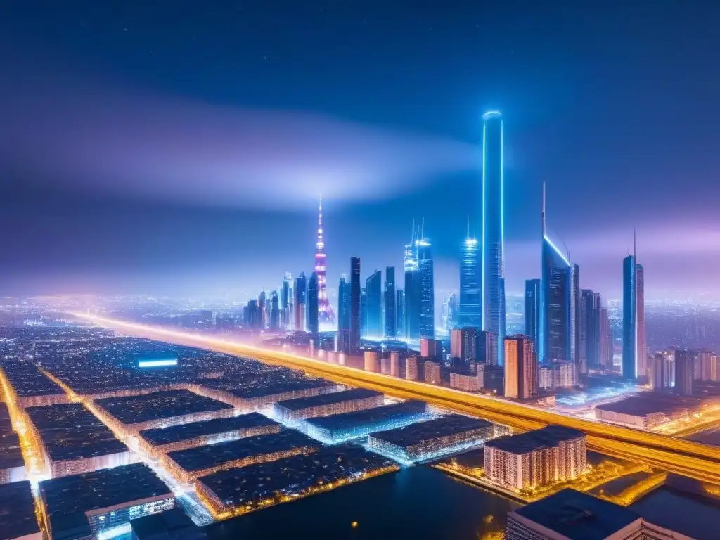Metrópolis futurista: rascacielos iluminados por neón en la noche Un paisaje urbano futurista de noche con rascacielos iluminados por luces neón, simbolizando la ciberseguridad en inversiones inmobiliarias internacionales
