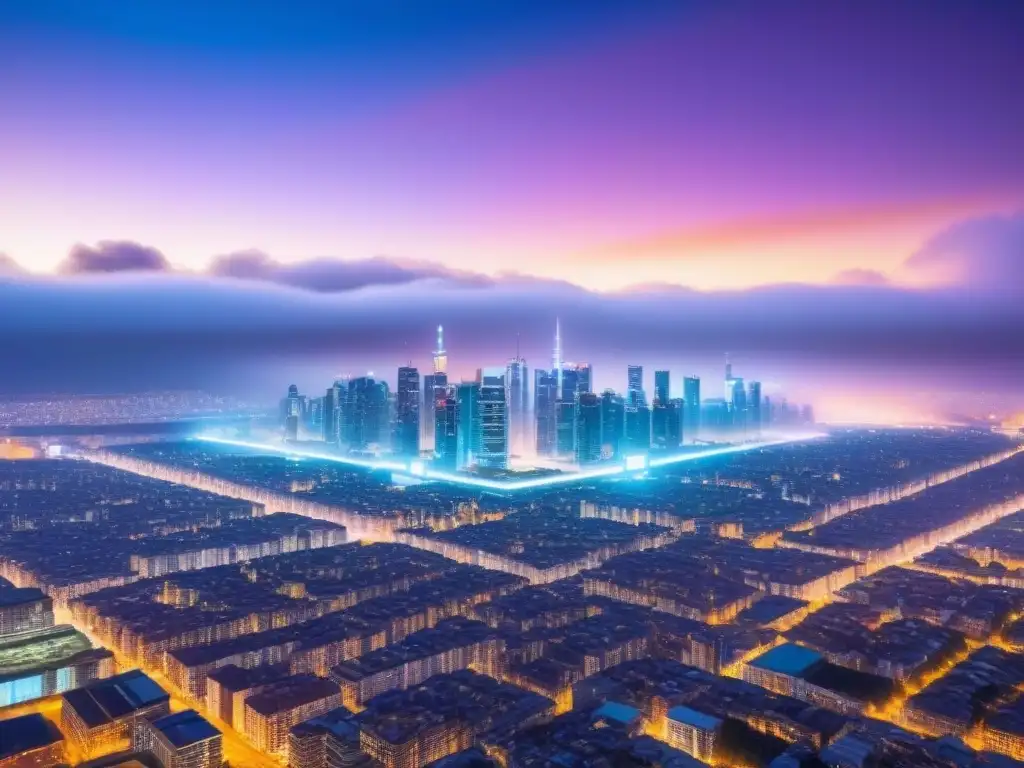Un paisaje urbano futurista de noche con hologramas de datos de inversiones inmobiliarias, símbolos de blockchain entre rascacielos