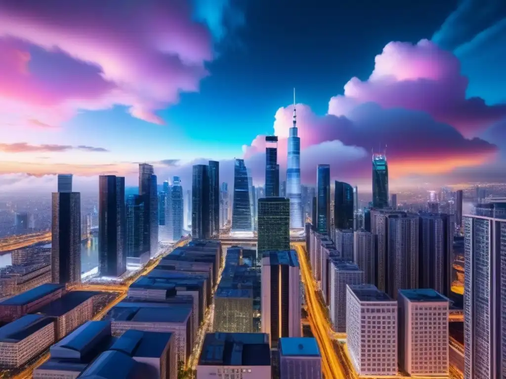 Metrópolis futurista: integración de nubes digitales en la ciudad nocturna Un paisaje urbano futurista nocturno con rascacielos iluminados y nubes digitales brillantes, fusionando innovación y gestión inmobiliaria global