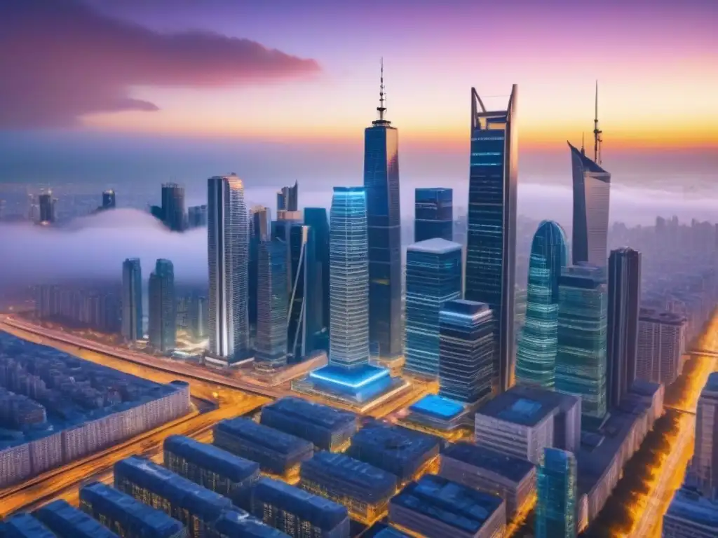 Inversión Global: Oportunidades Inmobiliarias en Metrópolis Futuristas Un paisaje urbano futurista con profesionales dialogando, destacando beneficios cambios demográficos mercado inmobiliario