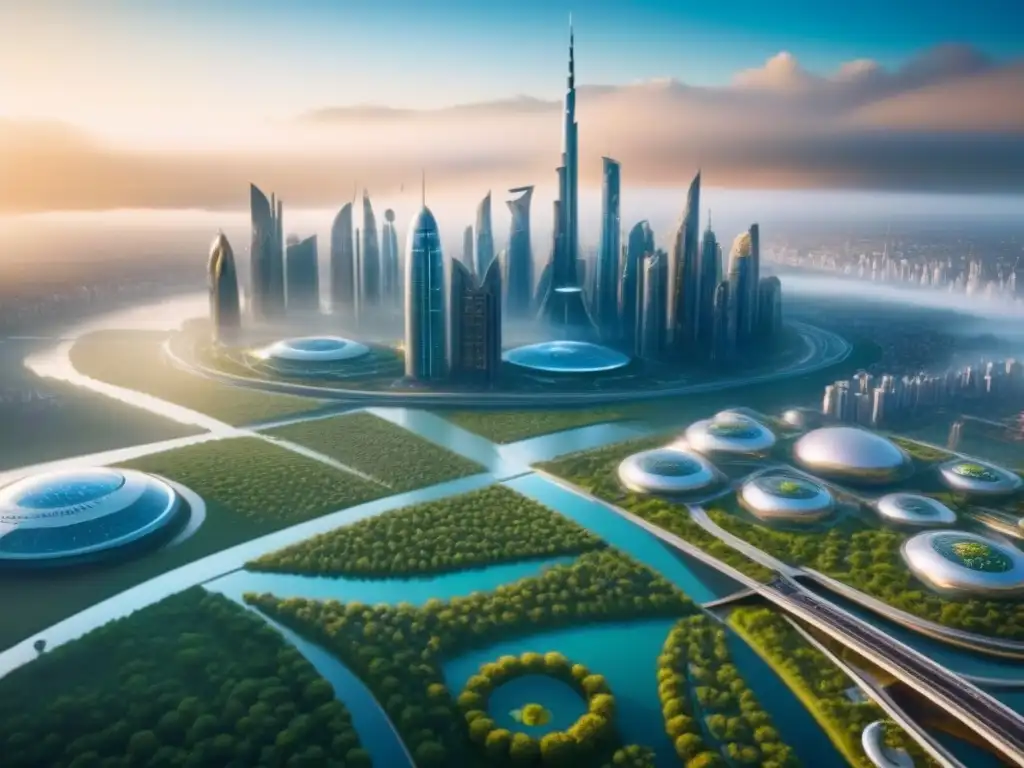Skyline futurista: ciudad inteligente y sostenible Un paisaje urbano futurista con propiedades inteligentes para inversores, tecnología avanzada y diseño sostenible