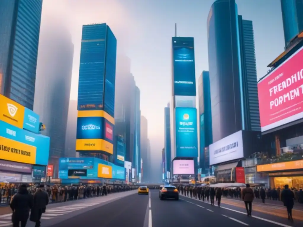 Metrópolis futurista: AI revoluciona el mercado inmobiliario Un paisaje urbano futurista con rascacielos modernos y tecnología AI en marketing inmobiliario