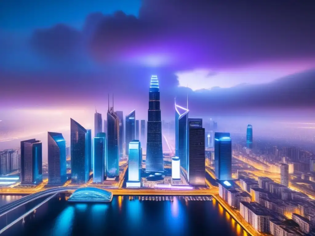 Metrópolis futurista fusiona arquitectura y criptomonedas Un paisaje urbano futurista con rascacielos y luces de criptomonedas
