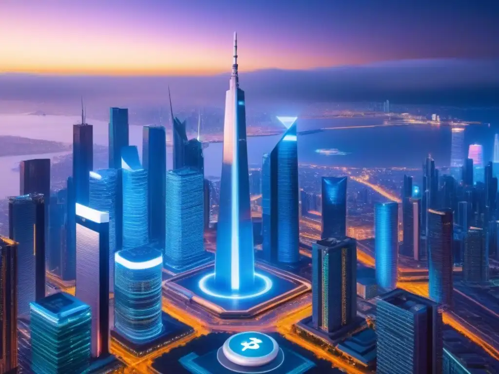 Metrópolis futurista: criptomonedas brillantes en el atardecer Un paisaje urbano futurista con rascacielos iluminados por criptomonedas, fusionando inversión inmobiliaria con criptomonedas en la era digital