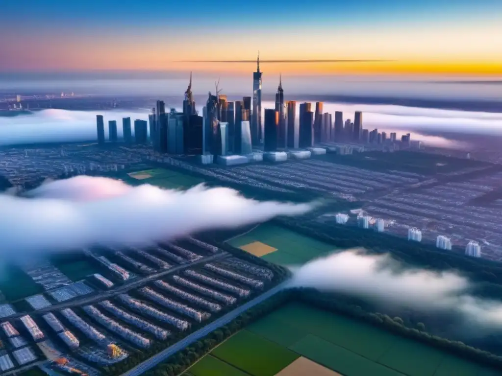 Ciudad futurista: contraste entre avance urbano y naturaleza Un paisaje urbano futurista con rascacielos reflejando el sol poniente sobre terrenos sin desarrollar