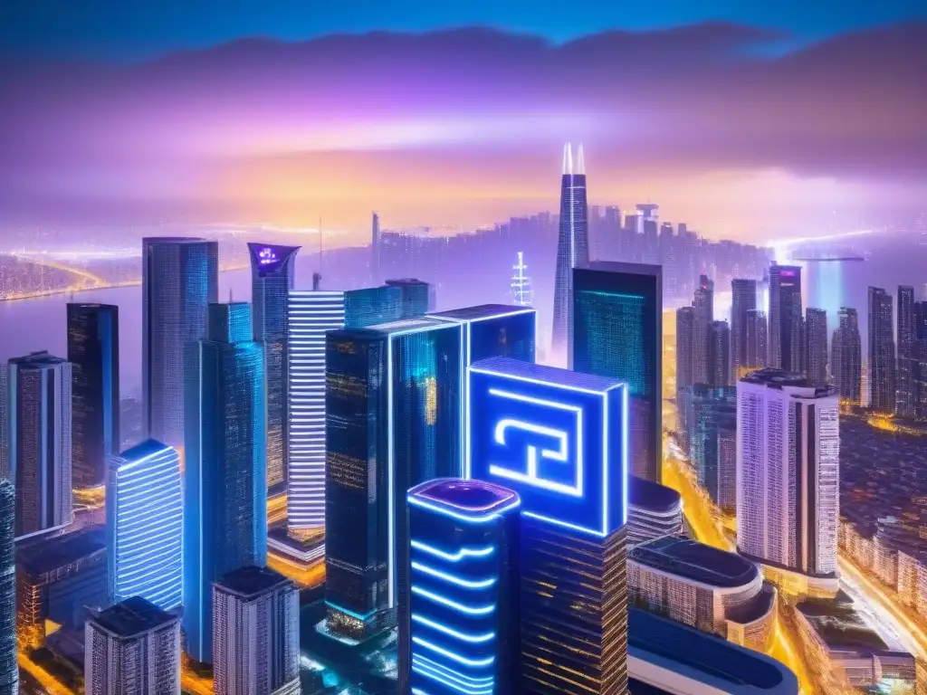 Metropolis cripto: ciudad futurista con activos digitales Un paisaje urbano futurista con rascacielos y símbolos de criptomonedas, reflejando el impacto de las criptomonedas en el mercado inmobiliario