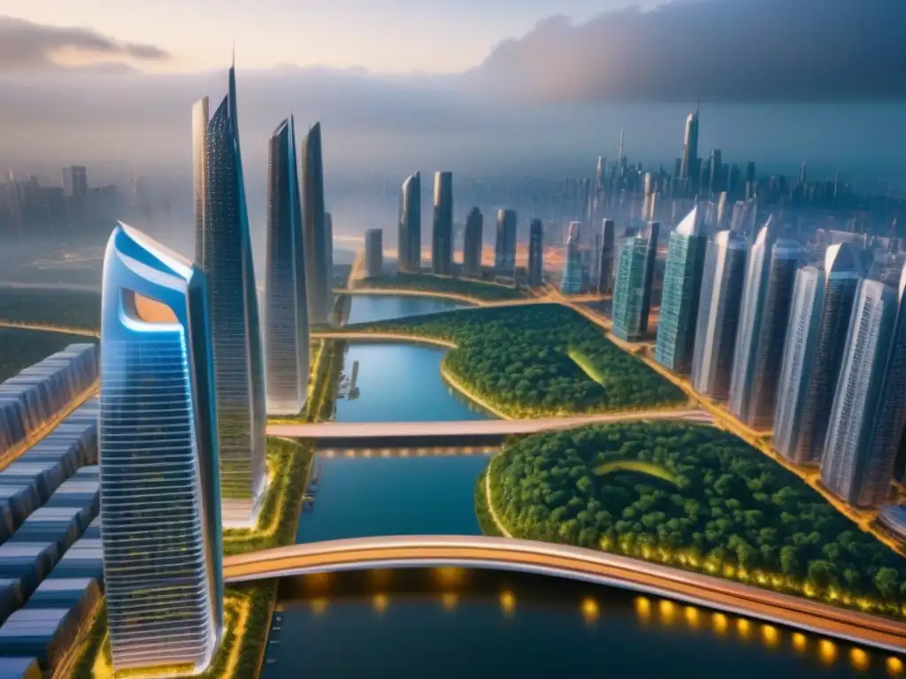 Metrópolis futurista: innovación y sostenibilidad en un mundo en evolución Un paisaje urbano futurista con rascacielos elegantes y parques verdes, transmitiendo innovación y sostenibilidad